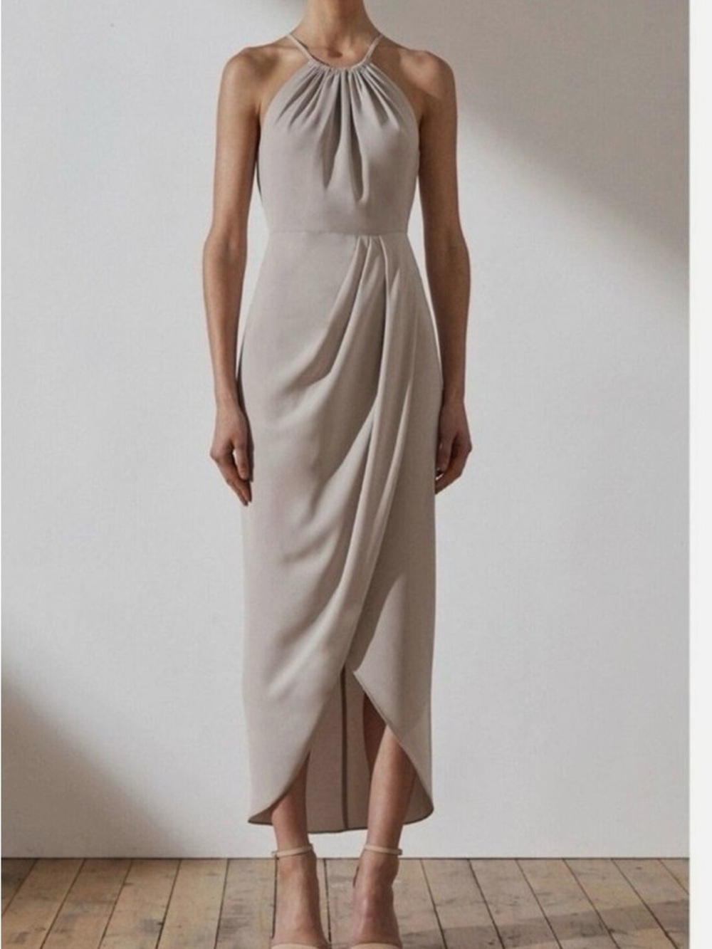 Shona Joy Draped Halter Tulip Gown Midi Dress in Oyster Size 6